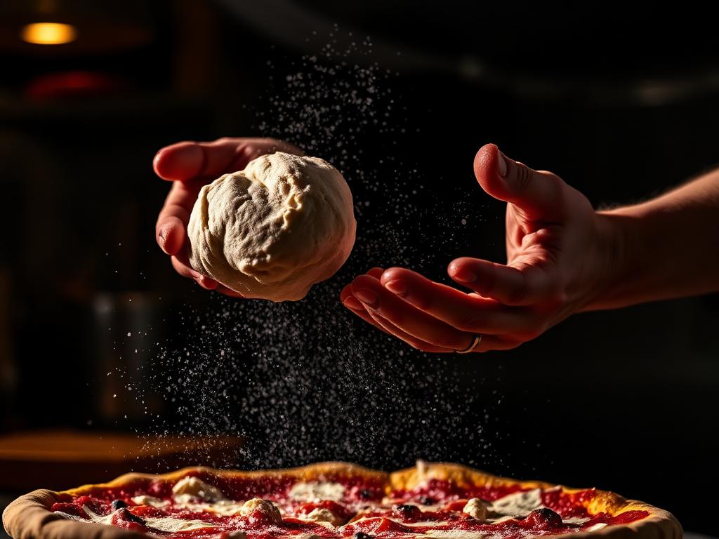 Fresh pizza dough being tossed